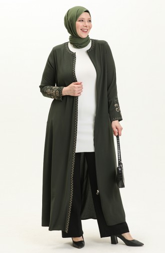Übergröße Bestickte Reißverschluss Abaya 2003A-02 Khaki 2003A-02