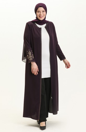 Übergröße Bestickte Reißverschluss Abaya 2003A-03 Lila 2003A-03