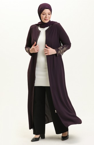 Übergröße Bestickte Reißverschluss Abaya 2003A-03 Lila 2003A-03