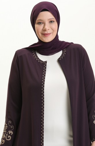 Übergröße Bestickte Reißverschluss Abaya 2003A-03 Lila 2003A-03