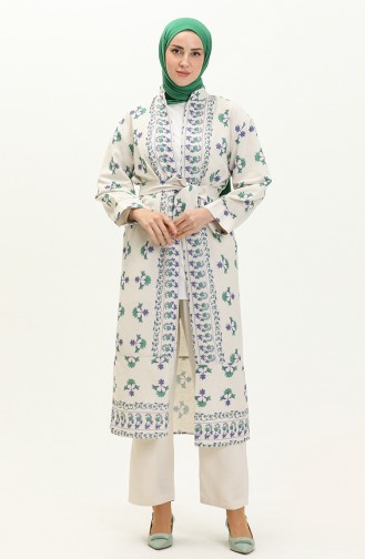 Kuşaklı Keten Kimono 0661-01 Saks Yeşil