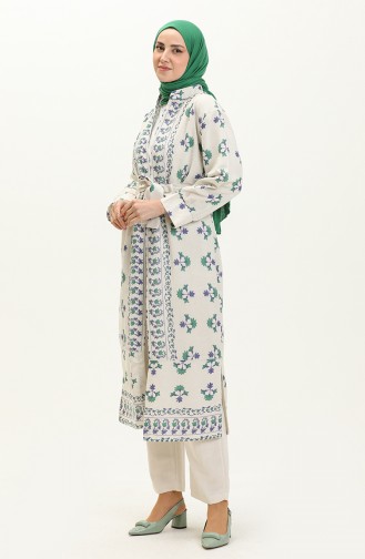Kuşaklı Keten Kimono 0661-01 Saks Yeşil