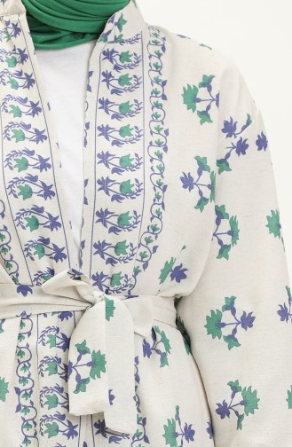 Kuşaklı Keten Kimono 0661-01 Saks Yeşil