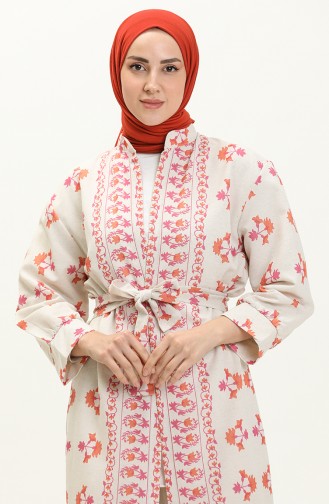 Kuşaklı Keten Kimono 0661-02 Fuşya Oranj