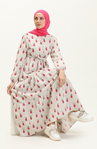 Gemustertes Leinenkleid 30026-03 Fuchsia 30026-03