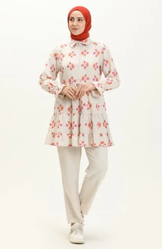 Blumengemusterte Leinen-Tunika 0662-02 Fuchsia Orange 0662-02