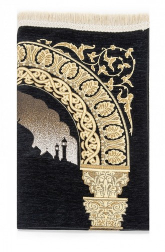 Taç Mahal Desenli Şönil Seccade Siyah Renk