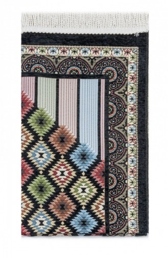 Çini Desenli Şönil Seccade Siyah Renk