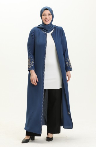 Bestickte Abaya in Übergröße mit Reißverschluss 2003A-04 Indigo 2003A-04
