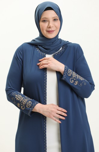 Bestickte Abaya in Übergröße mit Reißverschluss 2003A-04 Indigo 2003A-04