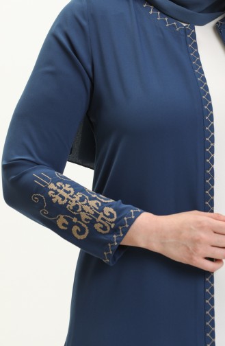 Bestickte Abaya in Übergröße mit Reißverschluss 2003A-04 Indigo 2003A-04
