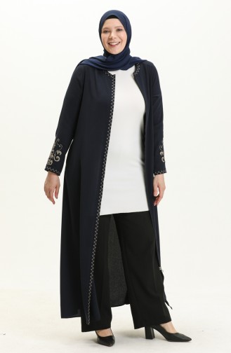 Plus Size Embroidered Zippered Abaya 2003a-05 Navy Blue 2003A-05
