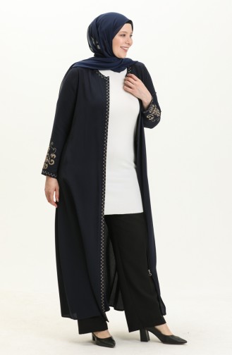 Plus Size Embroidered Zippered Abaya 2003a-05 Navy Blue 2003A-05