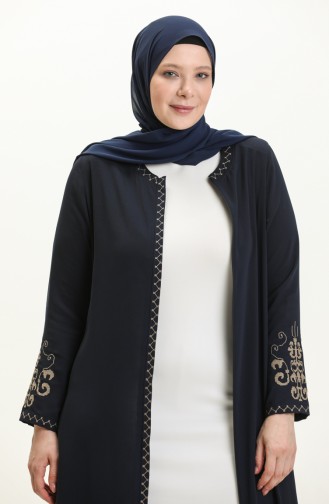 Plus Size Embroidered Zippered Abaya 2003a-05 Navy Blue 2003A-05