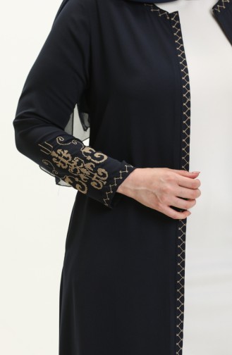 Plus Size Embroidered Zippered Abaya 2003a-05 Navy Blue 2003A-05