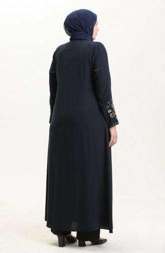 Plus Size Embroidered Zippered Abaya 2003a-05 Navy Blue 2003A-05