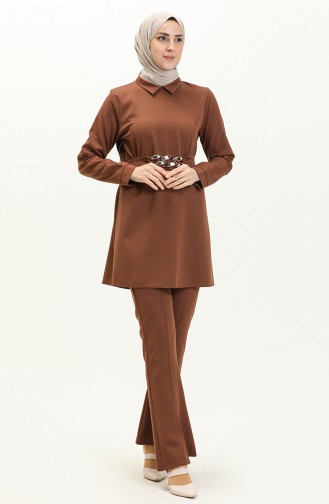 Chain Belted Tunic Two Piece Suit 70007-01 Brown 70007-01