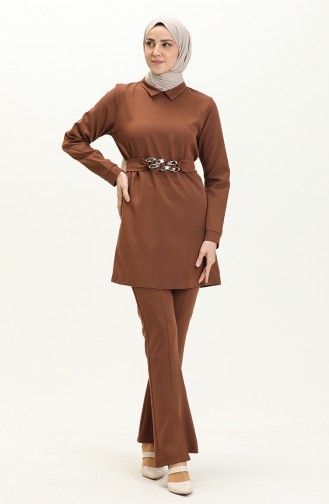Chain Belted Tunic Two Piece Suit 70007-01 Brown 70007-01