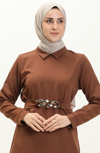 Chain Belted Tunic Two Piece Suit 70007-01 Brown 70007-01