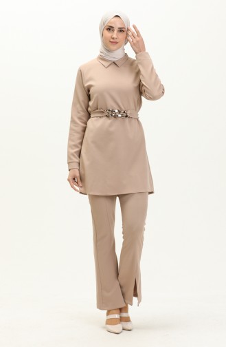 Chain Belted Tunic Two Piece Suit 70007-04 Mink 70007-04