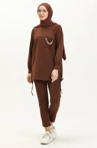 طقم ثنائي تونيك بنطلون بتصميم سلسلة 70010-03 بني 70010-03