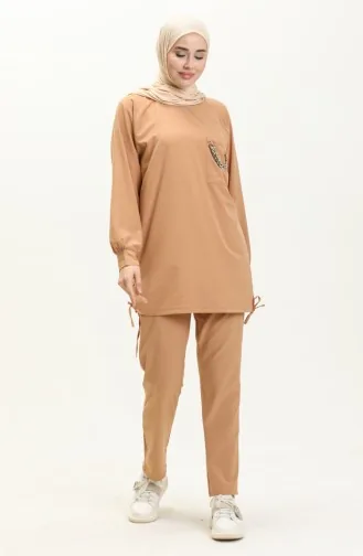 طقم ثنائي تونيك بنطلون بتصميم سلسلة 70010-05 بني فاتح 70010-05