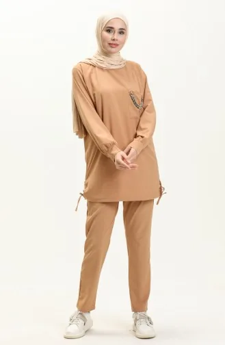 طقم ثنائي تونيك بنطلون بتصميم سلسلة 70010-05 بني فاتح 70010-05