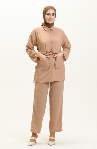 Belt Detailed Two Piece Suit 70030-06 Milk Coffee  70030-06