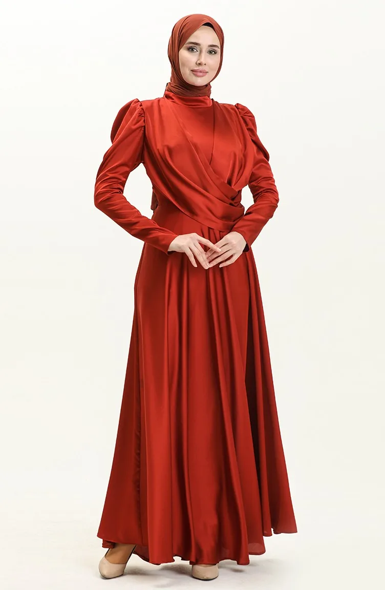 Robe de Soirée en Satin Drapée sur le Devant 6059-02 Brique 6059-02