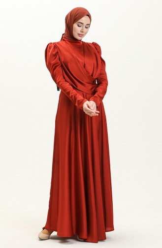 فستان سهرة ساتان بتصميم رايات 6059-02 قرميدي 6059-02