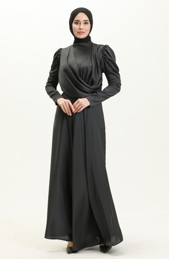 Robe de Soirée en Satin Drapée sur le Devant 6059-05 Anthracite Foncé 6059-05