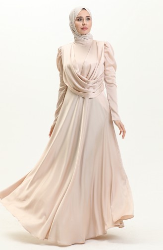 Robe de Soirée en Satin Drapée sur le Devant 6059-07 Beige 6059-07