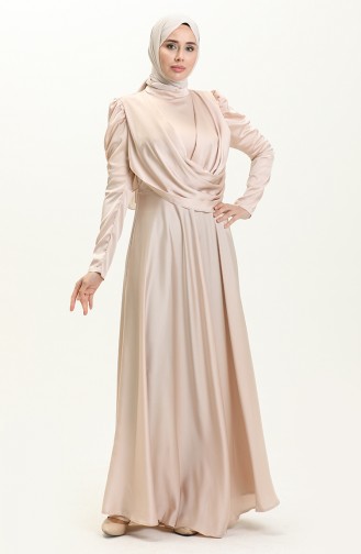 Robe de Soirée en Satin Drapée sur le Devant 6059-07 Beige 6059-07