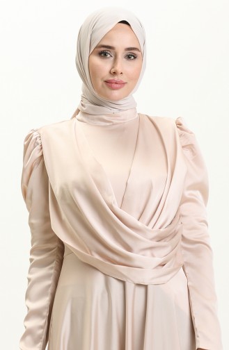 Robe de Soirée en Satin Drapée sur le Devant 6059-07 Beige 6059-07