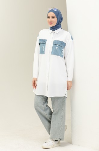 Taşlı Kot Garnili Poplin Tunik 4414-01 Beyaz