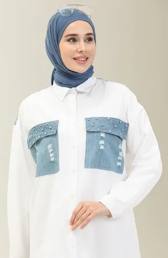 Tunique en Popeline Garnie de Denim Pierreux 4414-01 Blanc 4414-01
