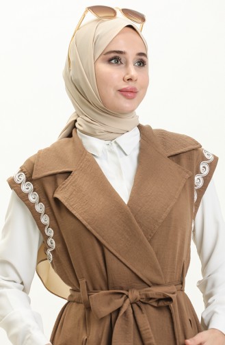 Vivezza Naturel Kumaş Süzene Nakış Yelek 6970-04 Kahverengi
