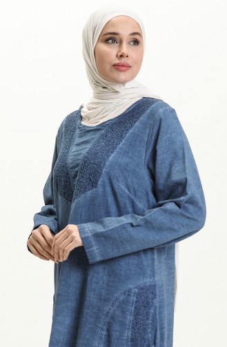 Robe à Manches Longues Authentique en Tissu Şile 4343-04 İndigo 4343-04