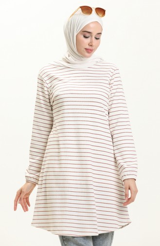 Elastic Sleeve Striped Tunic 8583-01 Brick Red Ecru 8583-01