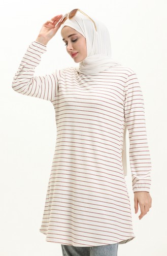 Elastic Sleeve Striped Tunic 8583-01 Brick Red Ecru 8583-01