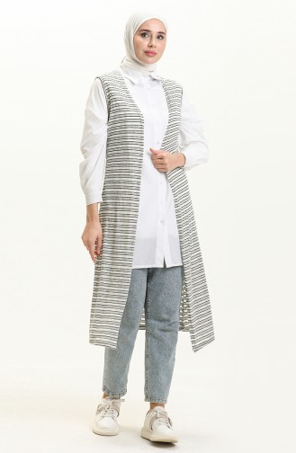 Striped Long Vest 8582-01 Navy Blue Ecru 8582-01