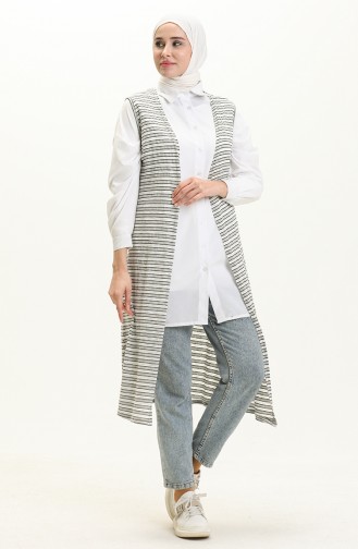 Striped Long Vest 8582-01 Navy Blue Ecru 8582-01