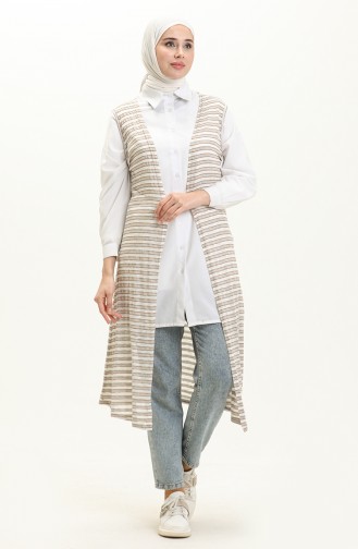 Striped Long Vest 8582-02 Brown Ecru 8582-02