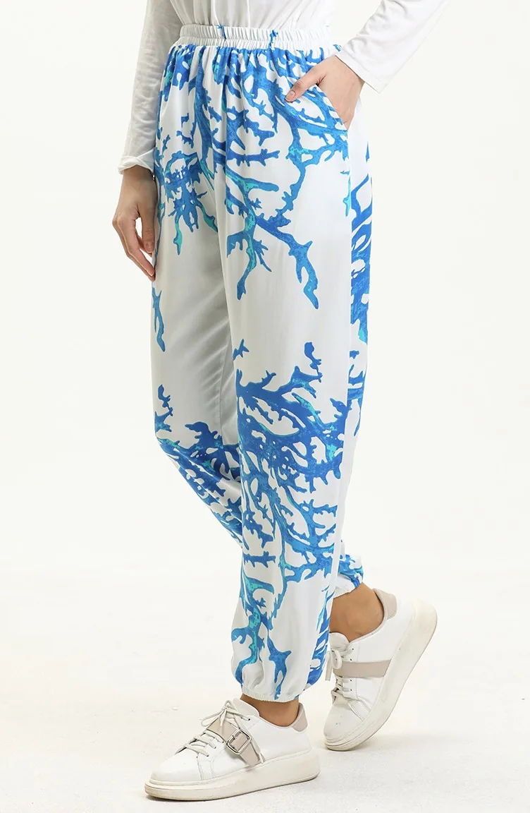 Pantalon Large en Viscose à Motifs 1717-03 Blanc 1717-03