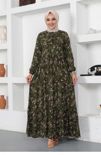 Desenli Yakası Biyeli Elbise 0293A-01 Haki