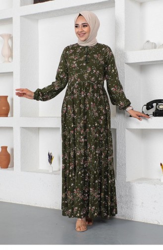 Desenli Yakası Biyeli Elbise 0293A-01 Haki