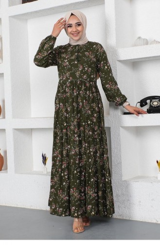 Desenli Yakası Biyeli Elbise 0293A-01 Haki