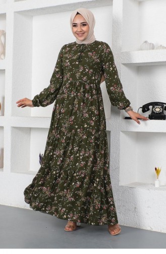 Desenli Yakası Biyeli Elbise 0293A-01 Haki