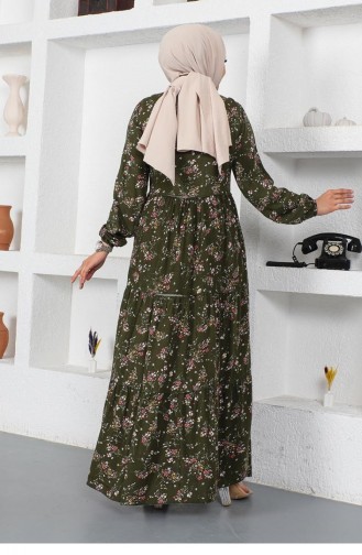 Desenli Yakası Biyeli Elbise 0293A-01 Haki