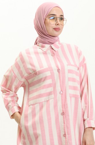 Çizgili Keten Tunik 24Y8866-06 Pembe